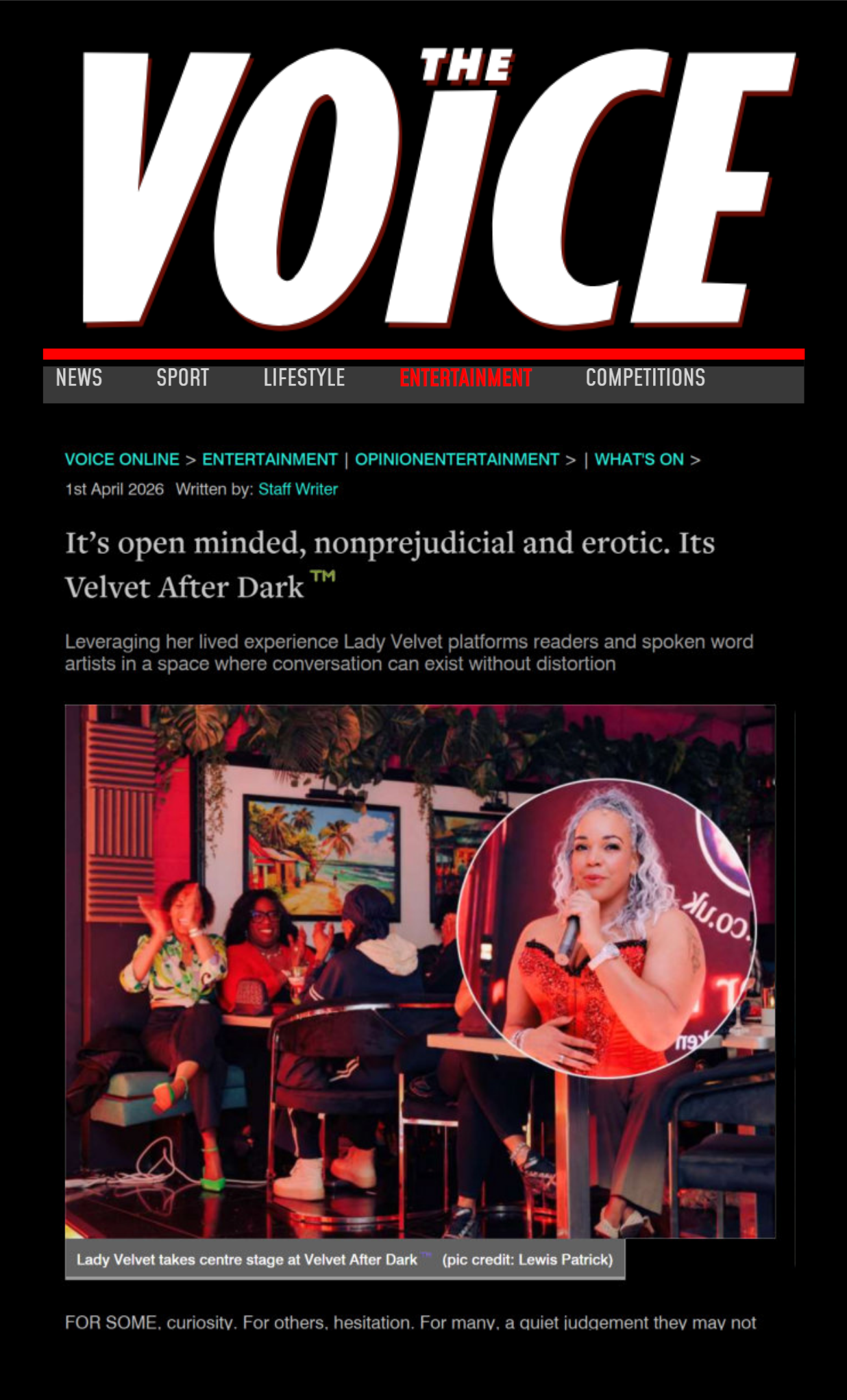 Velvet After Dark featured in The Voice newspaper showcasing Lady Velvet’s curated erotic spoken word experience in London